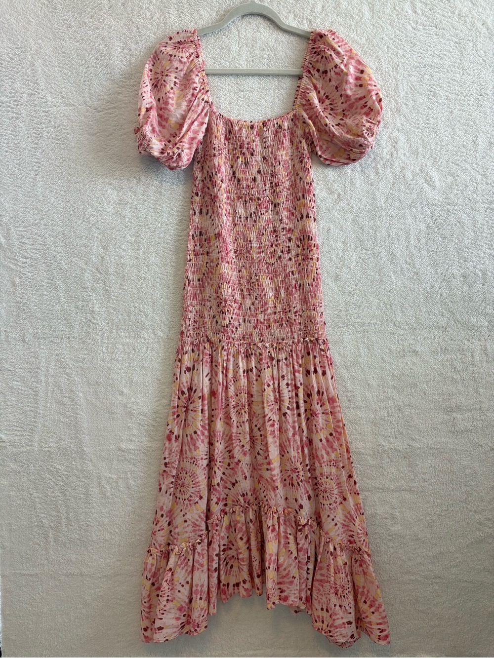 Miss Los Angeles Sunburst Ruffled Smocked Off-Shoulder Midi Dress Size XS